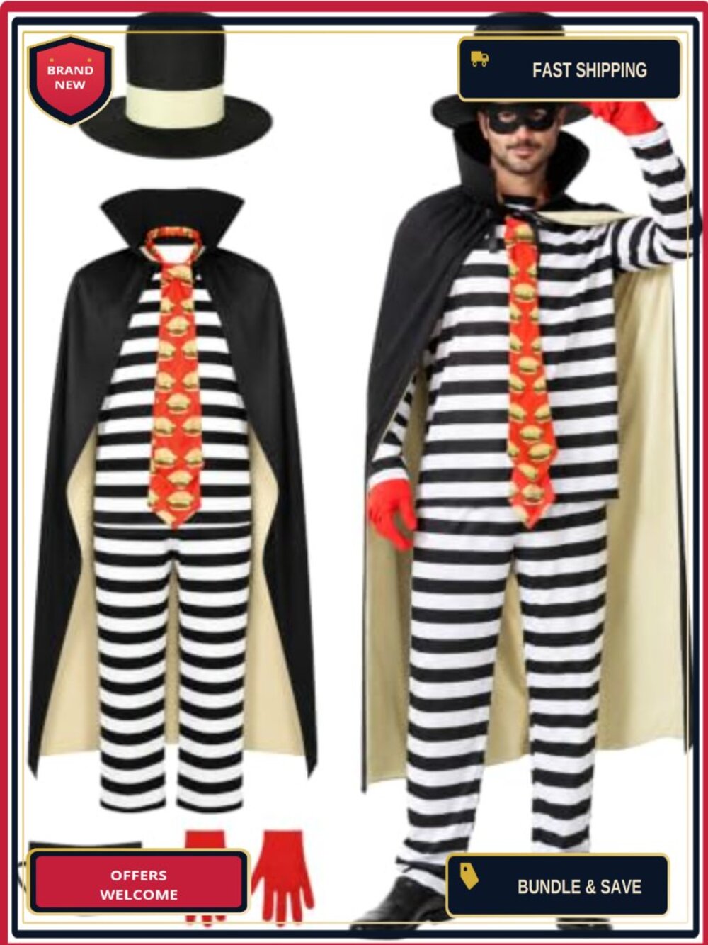 7-Piece Men's Robber Costume Set Halloween Cosplay Thief Outfit